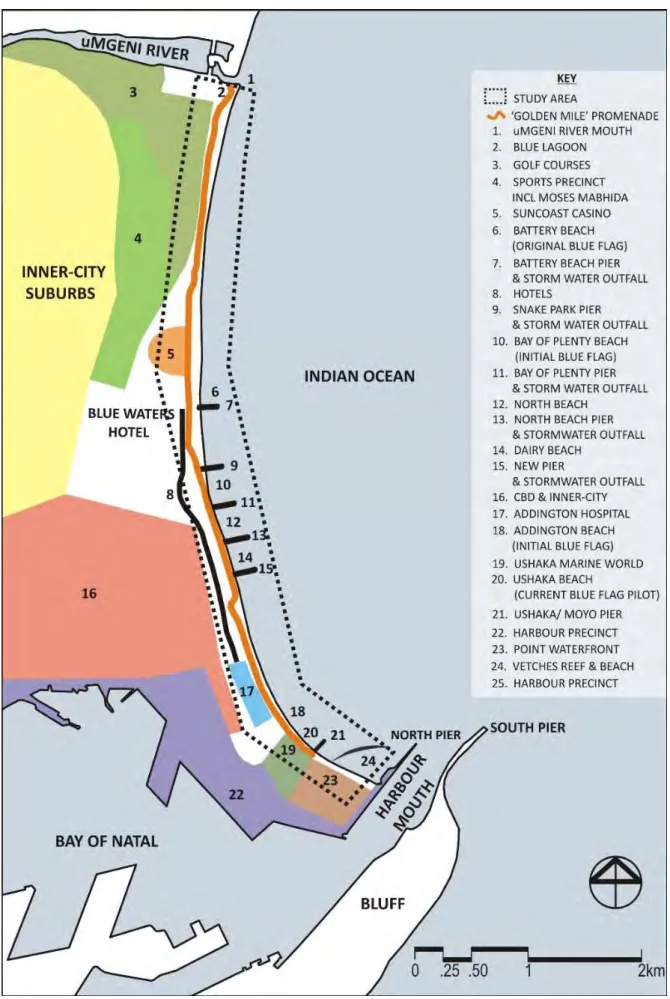 Figure 3.1. A schematic representation of the study area, including Durban's inner-city suburbs,  CBD and Golden Mile 