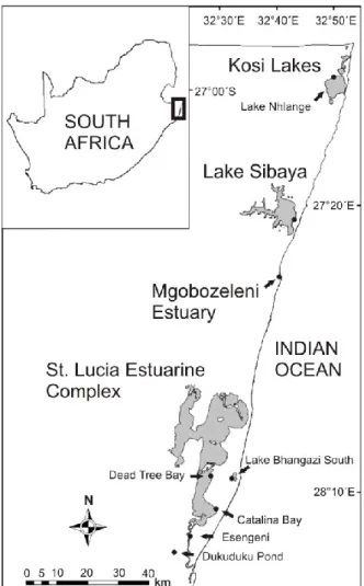 Figure 1. Map of the study area.  Sampling locations within the iSimangaliso Wetland Park are  indicated by arrow and dot
