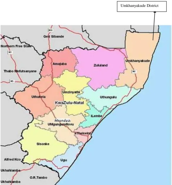 Figure 4-1: Map of KwaZulu –Natal indicating the research area as uMkhanyakude  District ( www.kzntopbusiness.co.za/site/municipal-structure ) 