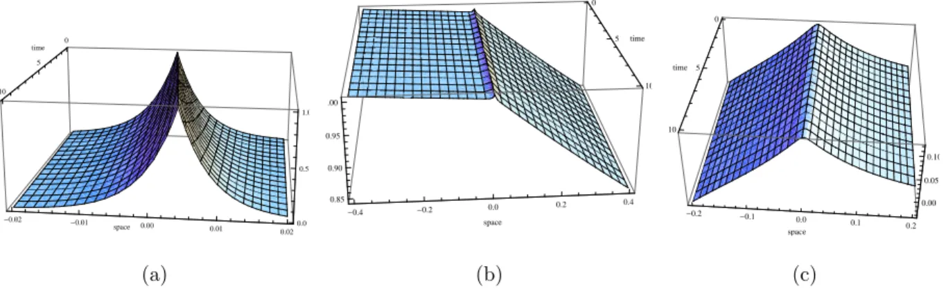 Figure 2.1: Non starvation travelling waves in the case of a 2 = 0 and c > 0. Cells are very slowly distributed over the space (see subfigure (a)), and excrete a low concentration of aspartate with respect to the succinate (see subfigures (b) and (c)).