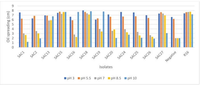Figure 2.8: Effect of pH on the biosurfactant activity of AEFB isolates cultured from Sample C  (89  cm)  of  Mfabeni  peatland  determined  using  oil  spreading  assay