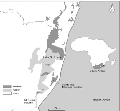 Figure 3.1. Location of the Mfabeni Peatland, the site used in the current study, on the  eastern  shore  of  Lake  St