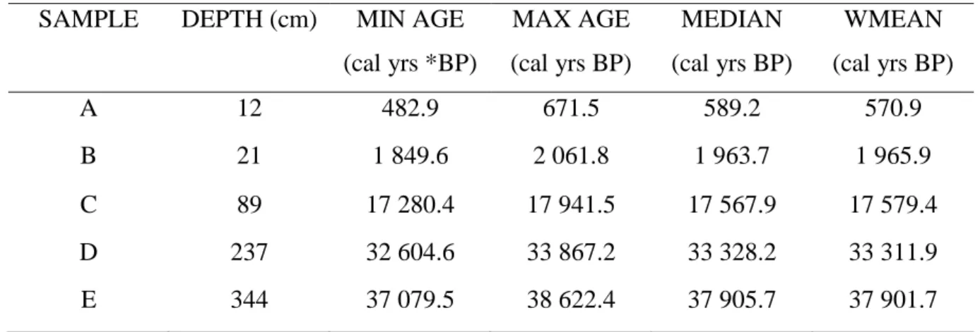 Table  3.1.  Interpolated  ages  for  each  of  the  five  sub-samples  taken  from  an  Mfabeni  Peatland sediment core 