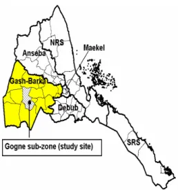 Figure 4.1:  Map of Eritrea which locates administrative  zones and the study area (Famine Early Warning System  Network (FEWS NET) 2004, pp 4) 