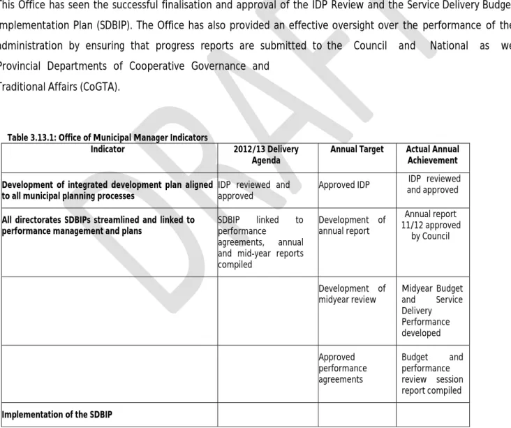 Table 3.13.1: Office of Municipal Manager Indicators 