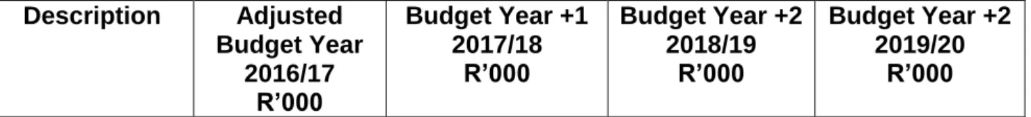 Table 1  Consolidated Overview of the 2017/18 MTREF  Description  Adjusted 