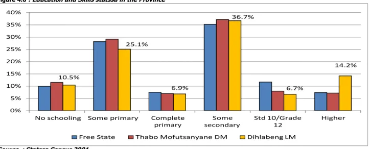 Table 4.6 illustrates the level of adult education in Dihlabeng during 2007 survey, compared to the Free State and Thabo  Mofutsanyane