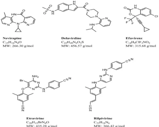 Figure 1.7 Structures of common NNRTIs (Usach et al., 2013).  