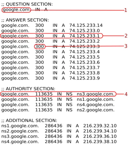 Figure 2.3: Output for the DNS Resolution Process Using the dig Command Figure 2.3, where the resolution of the domain google.com has been done using the dig 1 command.