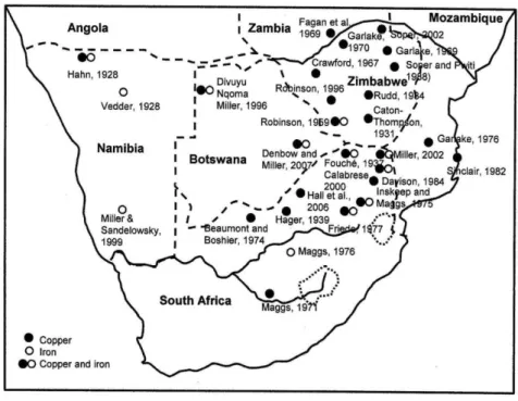 Figure 4.9 Distribution of iron and copper beads in southern Africa, information assembled  from literary records