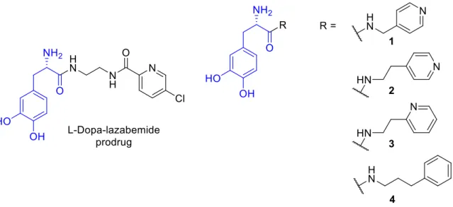 Figure  1.2:  The  structures  of  L -dopa-lazabemide  prodrug  and  four  additional  L -dopa  prodrugs  investigated in this study