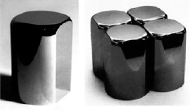 Figure 2.11: Left: Individual HPGe crystal. Right four: Closely packed HPGe crystals in a clover detector.