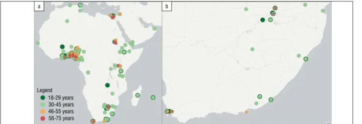 Figure 5a represents the spatial distribution of all African-Arabian  submissions (any type), colour coded by the age range of the main author