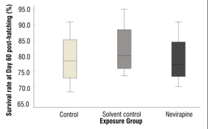 Figure 1:   Survival rate of juvenile fish from the three exposure groups on  Day 60 post-hatching.