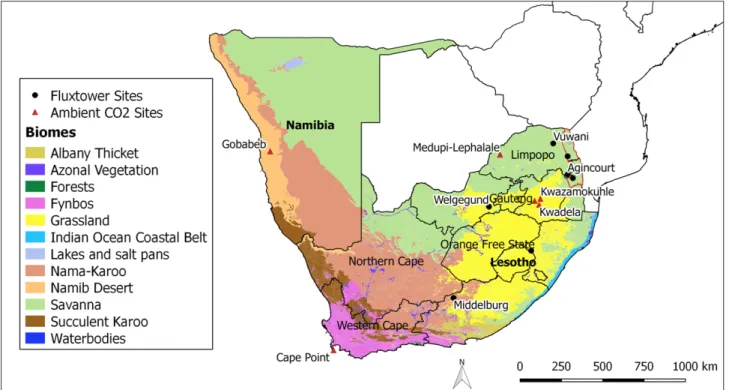 Figure 1:  Sites of terrestrial CO 2  measurements in South Africa including both the flux tower locations and the CO 2  measurement sites.