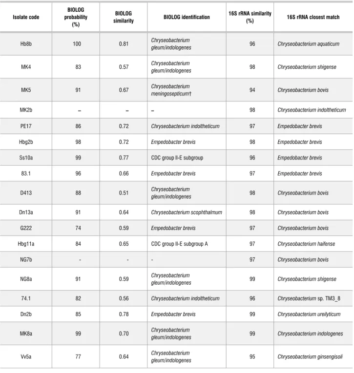 Table 3:   Identification of flavobacterial strains with the BIOLOG system after 24h of incubation and 16S rRNA similarity and identification