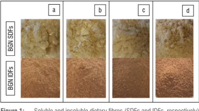 Figure 1:  Soluble and insoluble dietary fibres (SDFs and IDFs, respectively)  isolated from four varieties of Bambara groundnut (BGN): (a)  black-eye, (b) brown-eye, (c) brown and (d) red.