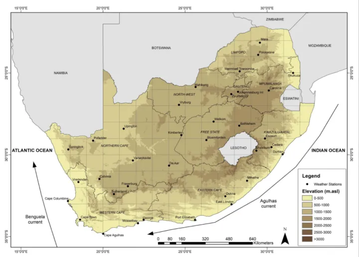 Figure 1:   Map of the study region of South Africa, indicating 1° intervals used to select the meteorological stations across South Africa, the topography, the  surrounding oceans and their respective ocean currents.