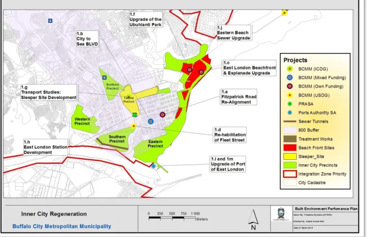 Figure  C.2:  BCMM:  Current  and  planned  projects within  the  East  London  CBD  Urban  Development Programme  (Source:  BEPP  2018- 2018-2019) Refer Annexure 2 and project numbering for cross reference and project details.