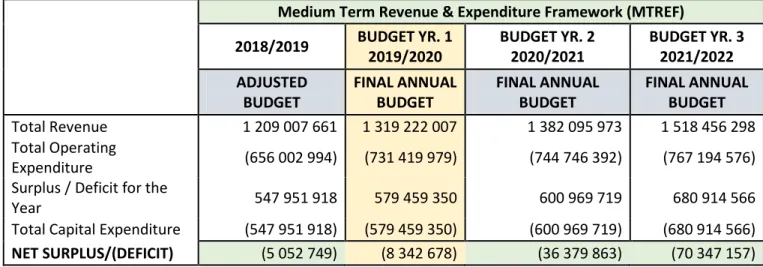 Table 1.a Consolidated Overview of the 2019/20 MTREF 