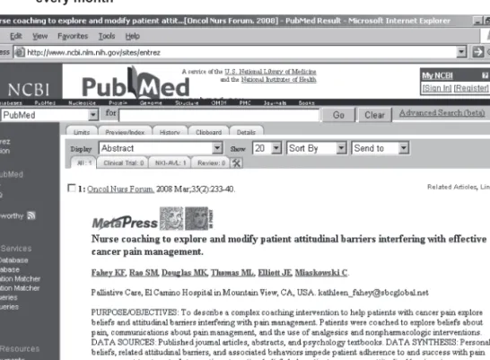 Figure 6:  Reference to a relevant article retrieved by the search strategy saved for oncology  nurses; the coloured logo of Antoni indicates there is e-access for the NKI-AVL, 