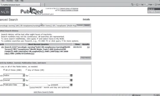 Figure 5:  Screen  for  the  advanced  search  options  for  oncology  nursing  including  the  search strategy that has been saved and is run against the PubMed database  every month
