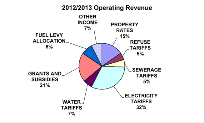 Figure 1:  Main Operating Revenue categories for the 2012/13 financial year  The following table gives a breakdown of the various operating grants and subsidies  allocated to the municipality over the medium term 
