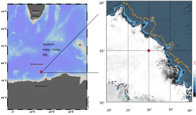 Figure 2. 1: Area of interest, Left: Sampling location of sea-ice in the Southern-Atlantic Ocean, marginal ice zone