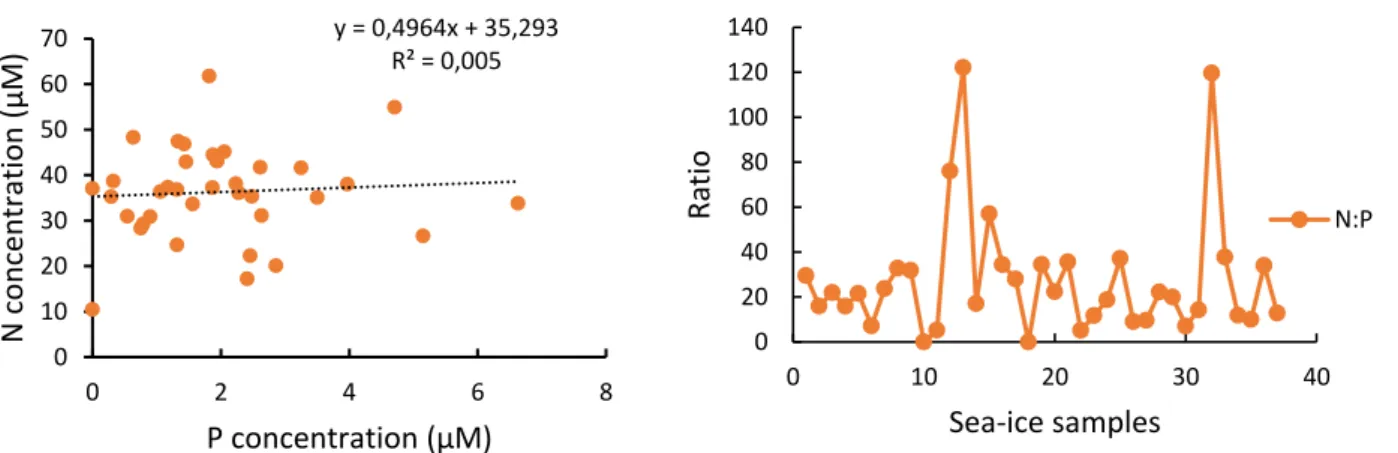Figure 2. 8: Nitrogen (N) and phosphate (P) (µM/L) (a) molar ratio and (b) relationship ratio across pancake  sea-ice samples