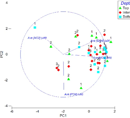Figure 2. 9: PCA of nutrient concentrations in pancake sea-ice samples. Number indicates pancake sample  (1, 2 or 3)