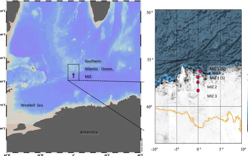 Figure 3. 1: Area of interest, Left: Sampling locations of sea-ice in the Southern-Atlantic Ocean, marginal ice zone (red dots)